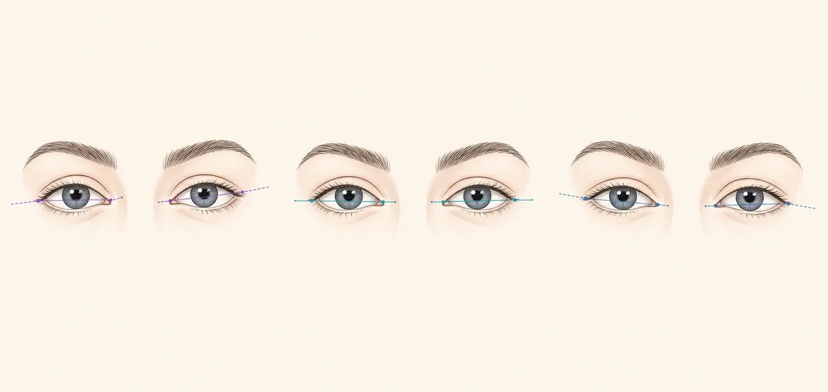 Editorial comparison of positive, neutral and negative canthal tilt using eye-corner guide lines