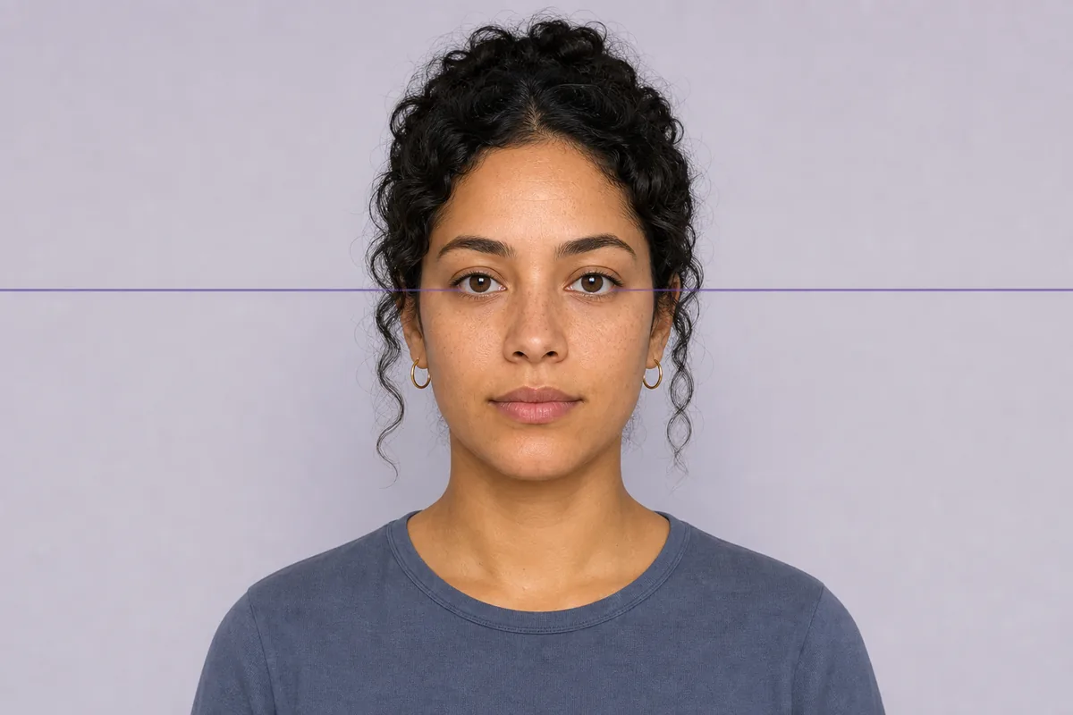 Front-facing portrait with level head and horizontal reference through the eyes