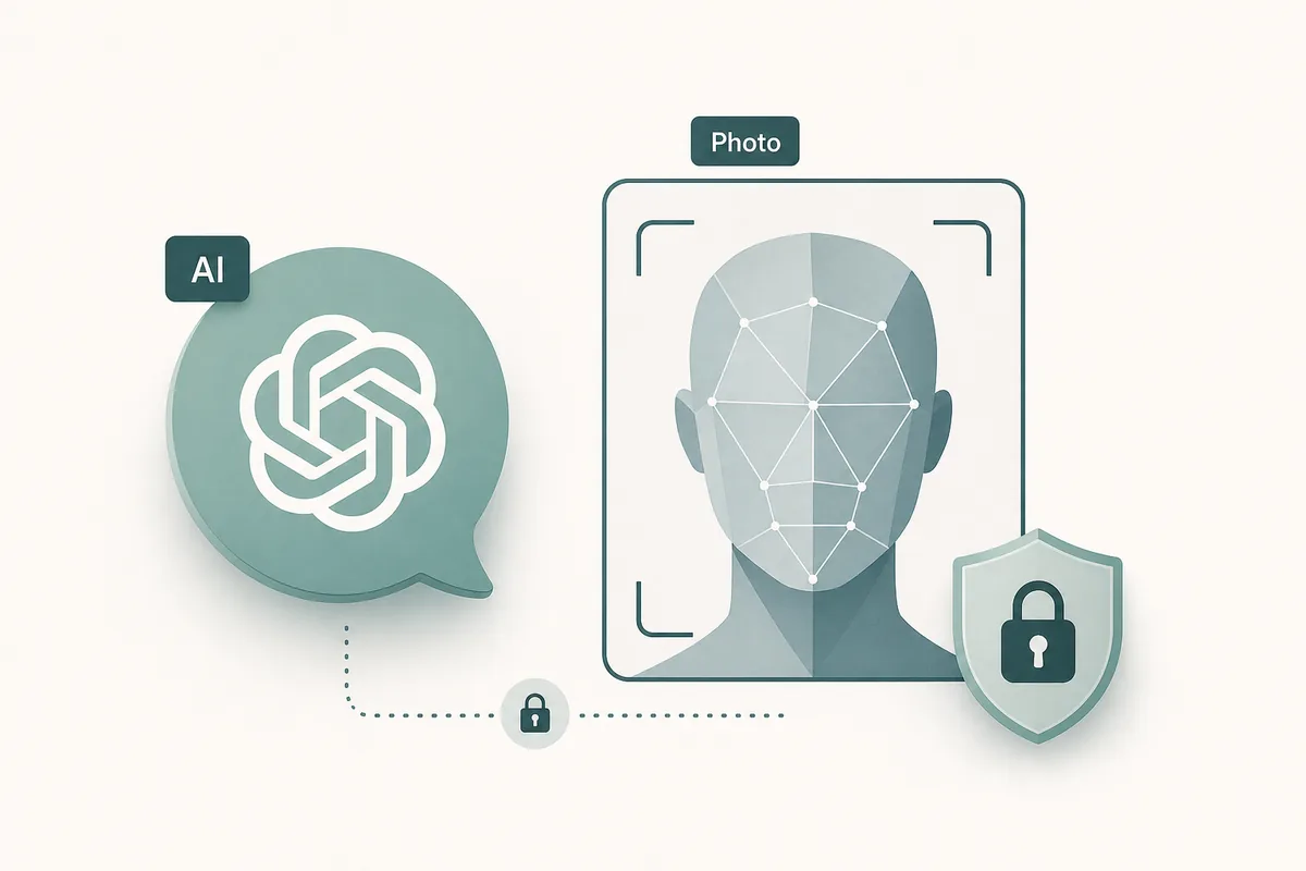 Editorial illustration of an AI chat assistant reviewing a portrait photo with privacy cues