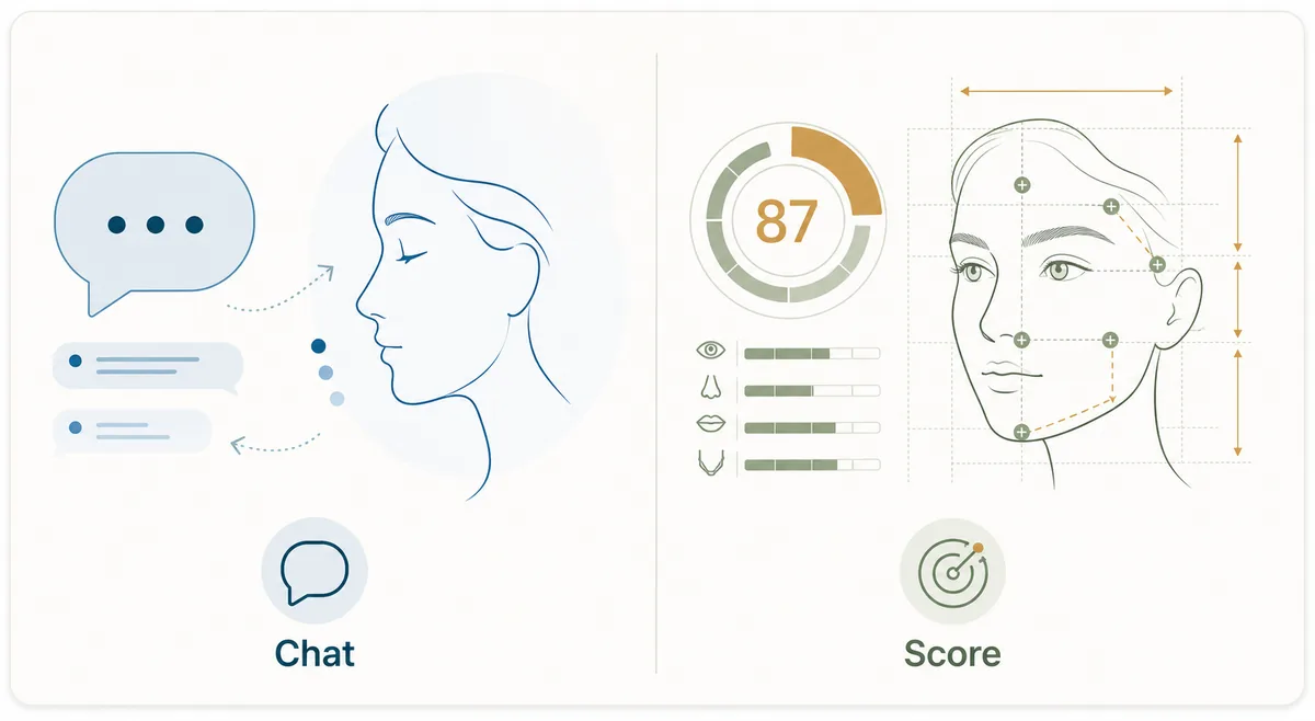 Editorial comparison graphic showing a general chat assistant beside a structured face rating tool