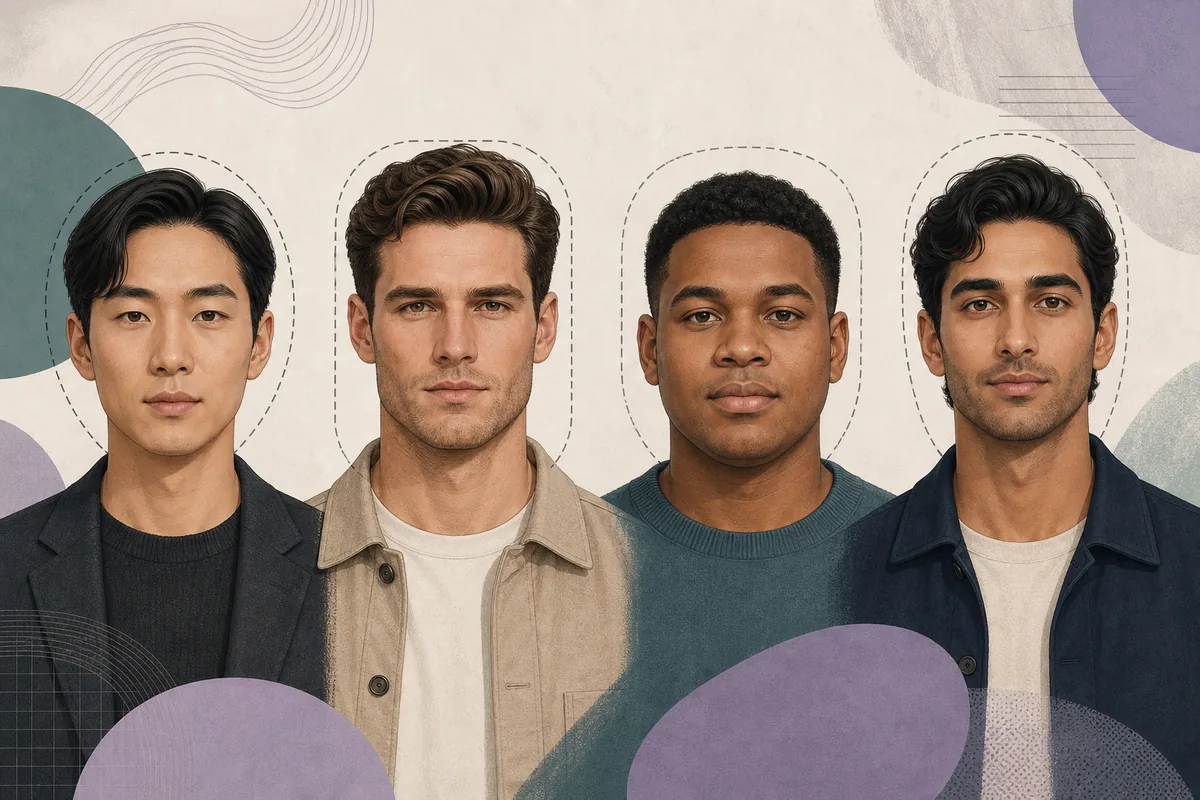 Four adult men shown with different face shape silhouettes in an editorial style guide illustration