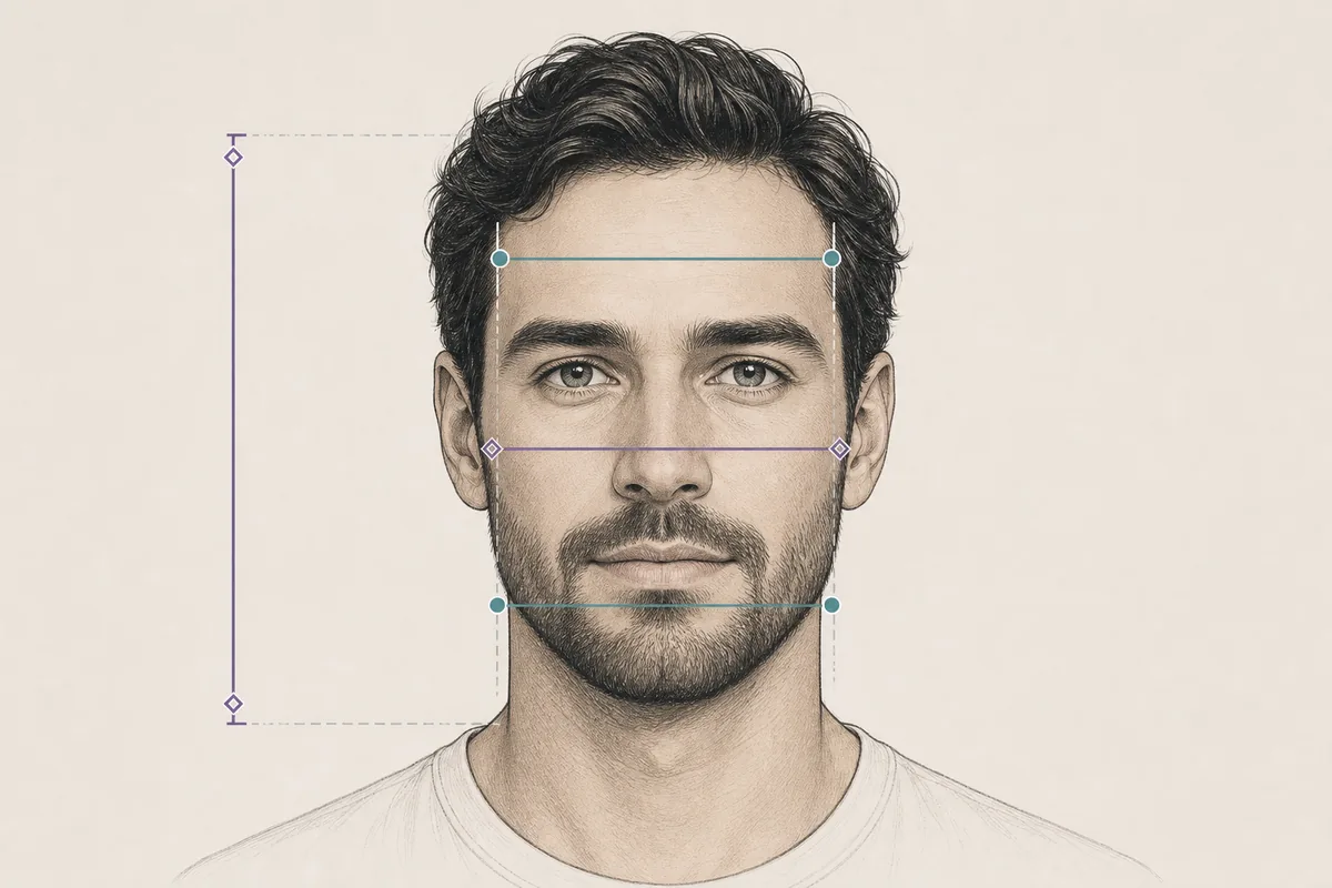 Editorial diagram showing forehead, cheekbone, jaw, and face-length measurement lines on a male portrait