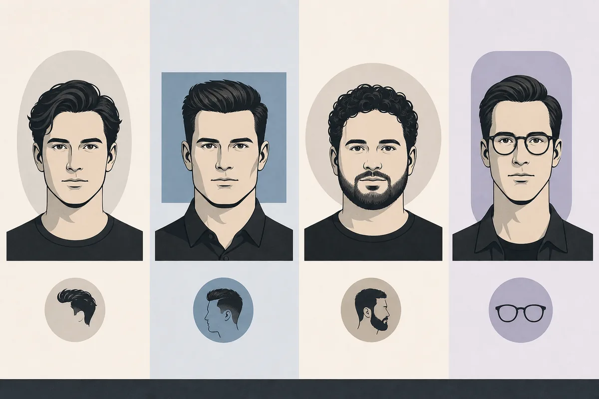Editorial comparison graphic showing four male face outlines with haircut, beard, and glasses styling cues