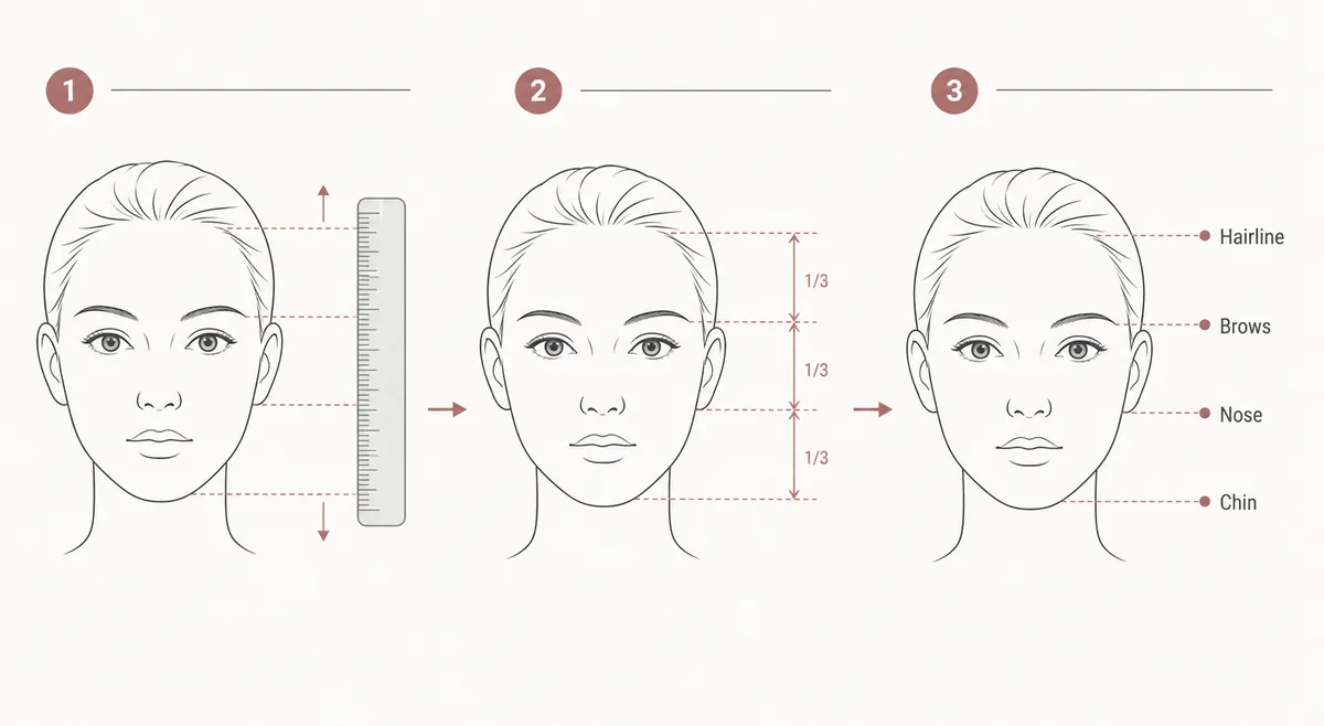 Step flow showing how to measure hairline, brows, nose base, and chin for facial thirds