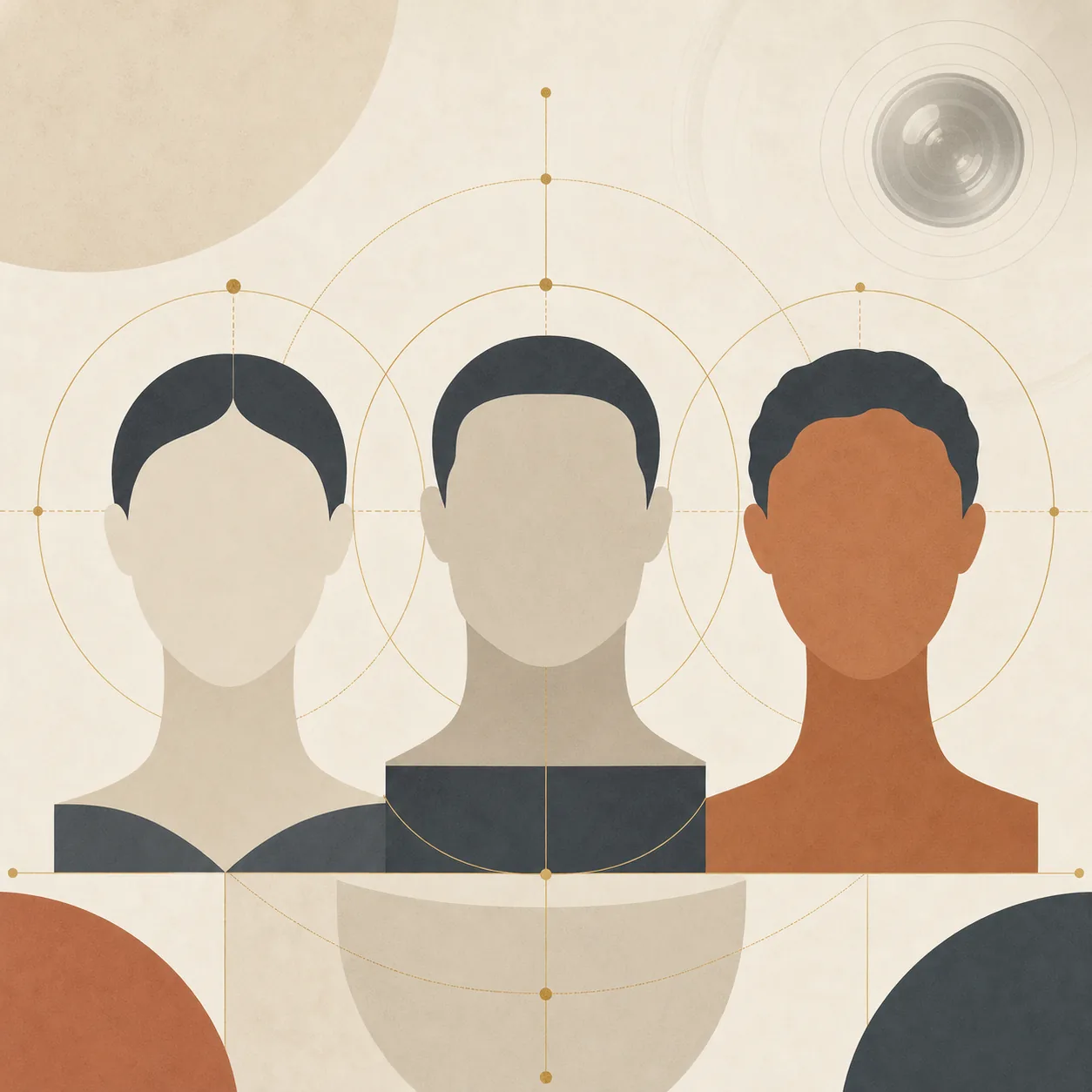 Abstract comparison of three neutral face silhouettes with different proportions and geometric circles