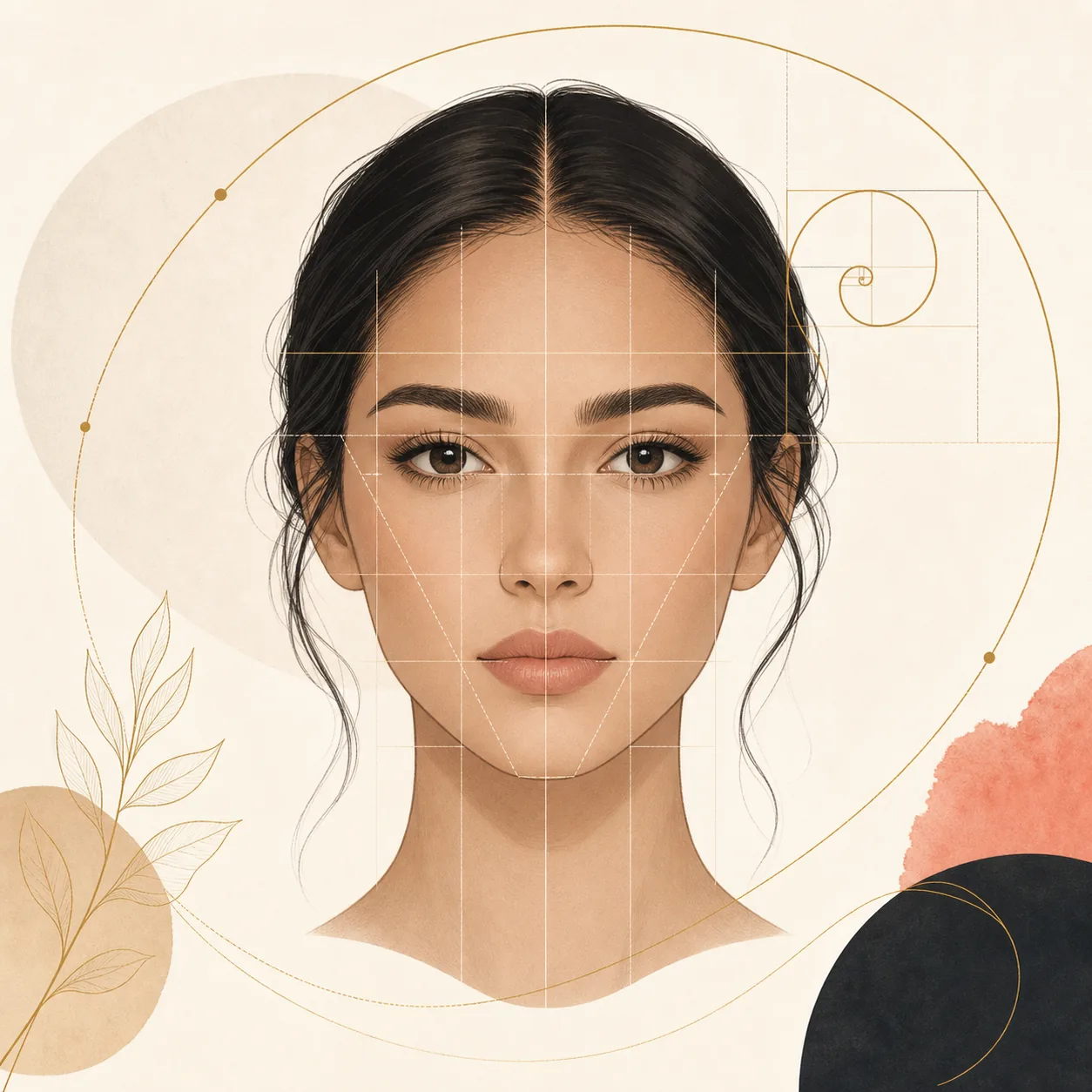 Editorial illustration of a neutral front-facing face with geometric facial proportion guides