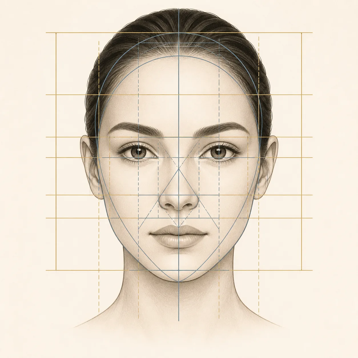 Front-view facial proportion illustration with geometric measurement lines
