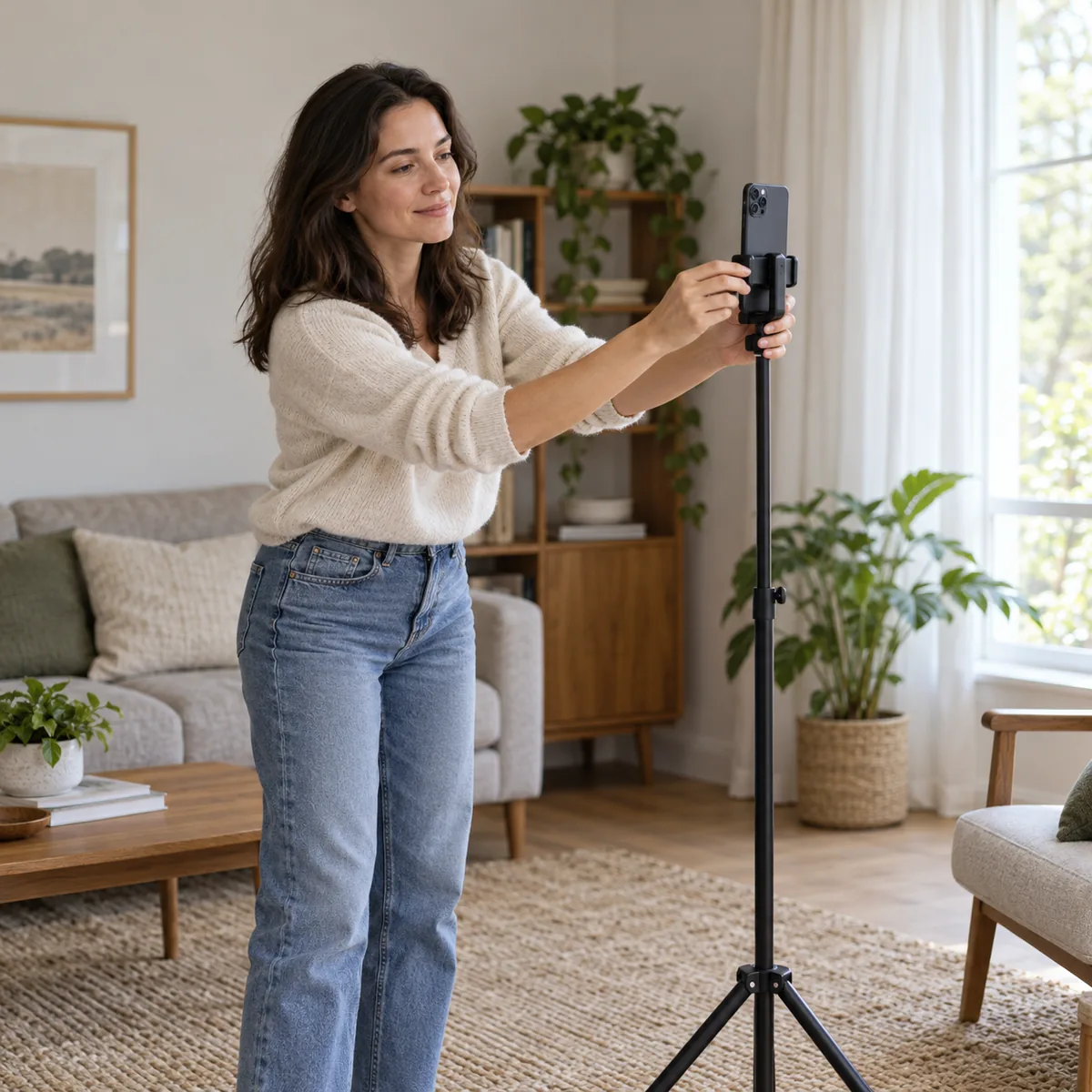 A woman using a phone on a stand at eye level near a window to take a naturally lit portrait