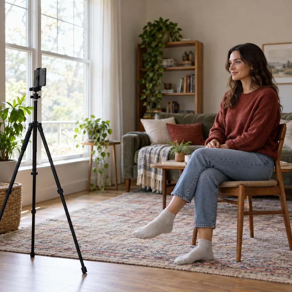 Illustrative setup: a phone at eye level several feet from a seated portrait subject by a window.