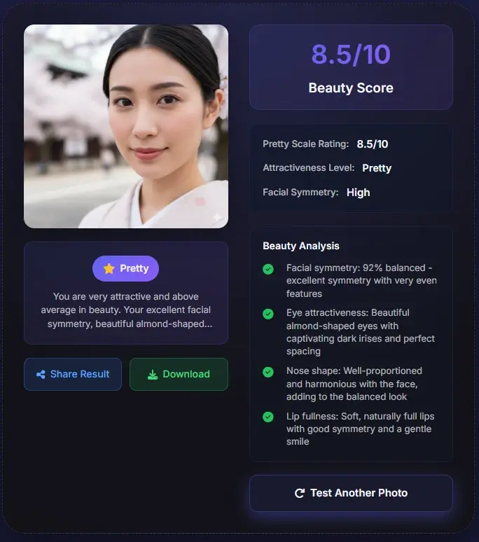 Am I pretty test - Asian woman beauty score 8.5/10, pretty and attractive with excellent facial symmetry
