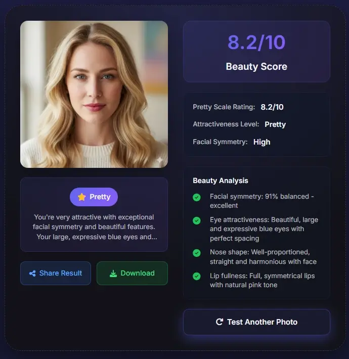 Am I beautiful test - Blonde woman beauty score 8.2/10, very attractive with harmonious features